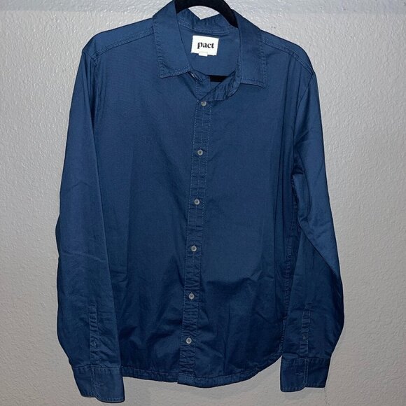 PACT Earth's Favorite Clothing Organic Cotton Navy Long Sleeve Button Down Shirt - Picture 1 of 7